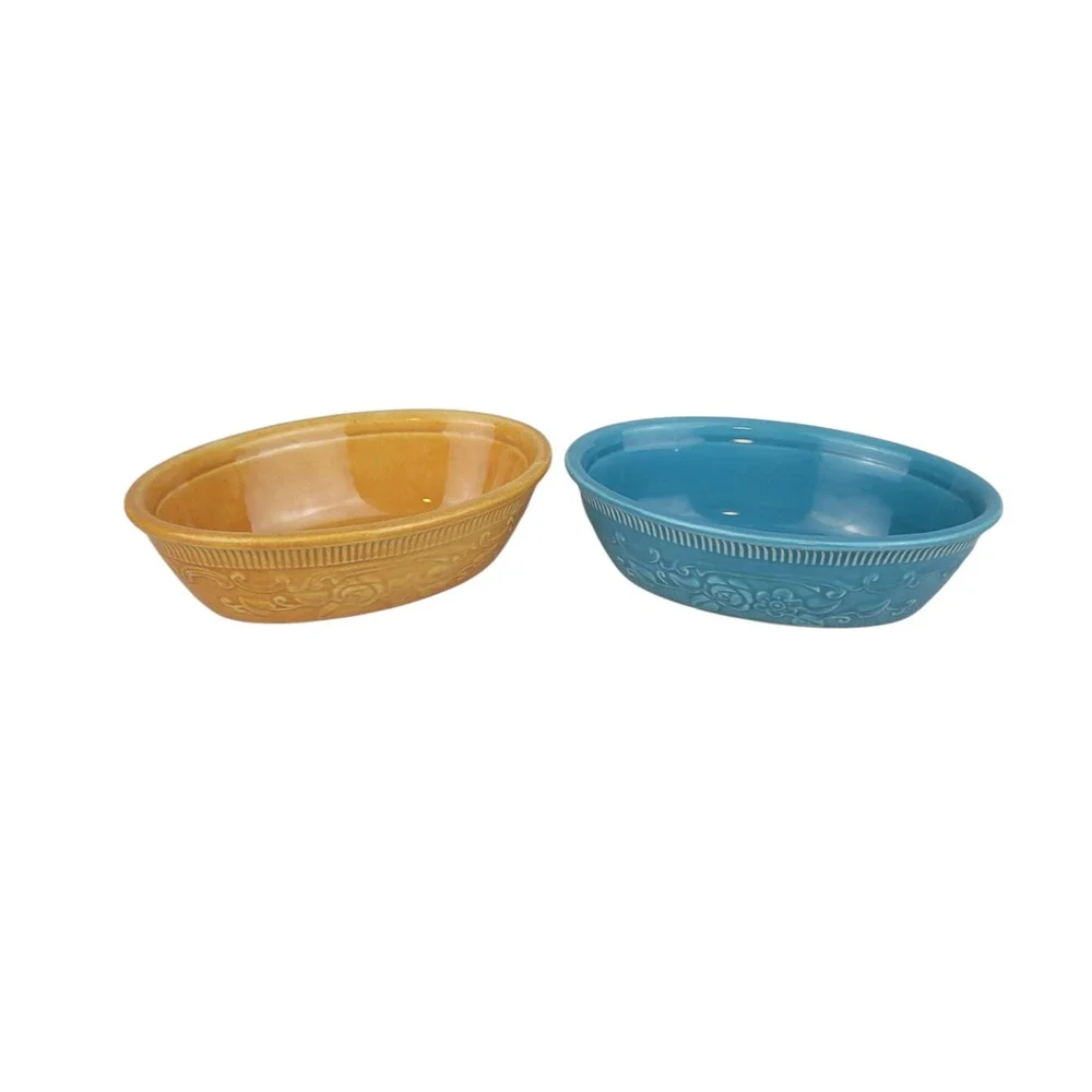Vintage Homer‎ Laughlin Oven Serve Oval Casserole Dishes Blue Yellow Set of 2